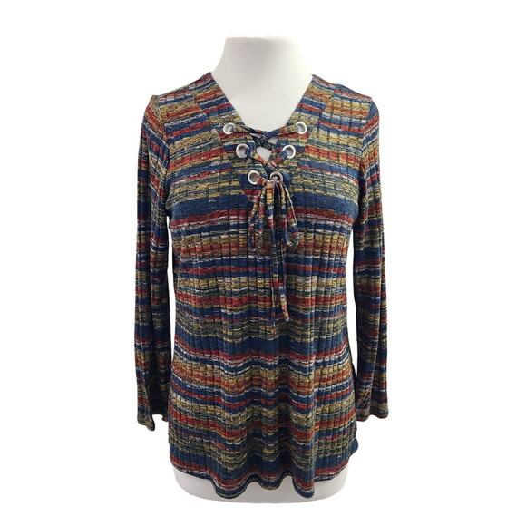 Chenault Multicolor Lace Up Long Sleeve Sweater Size Medium - Picture 1 of 6
